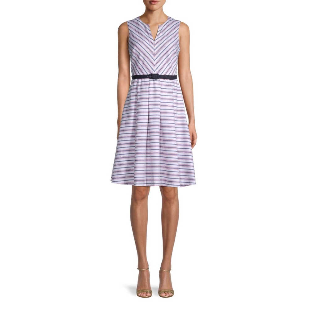 Karl Lagerfeld Belted Fit and Flare Striped Dress